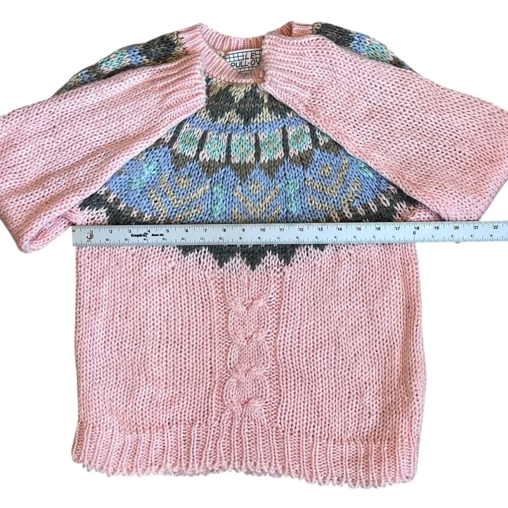 Le Pull-Over 80s Vintage Women’s Sz S Pink Fair Isle Sweater Pullover Crewneck